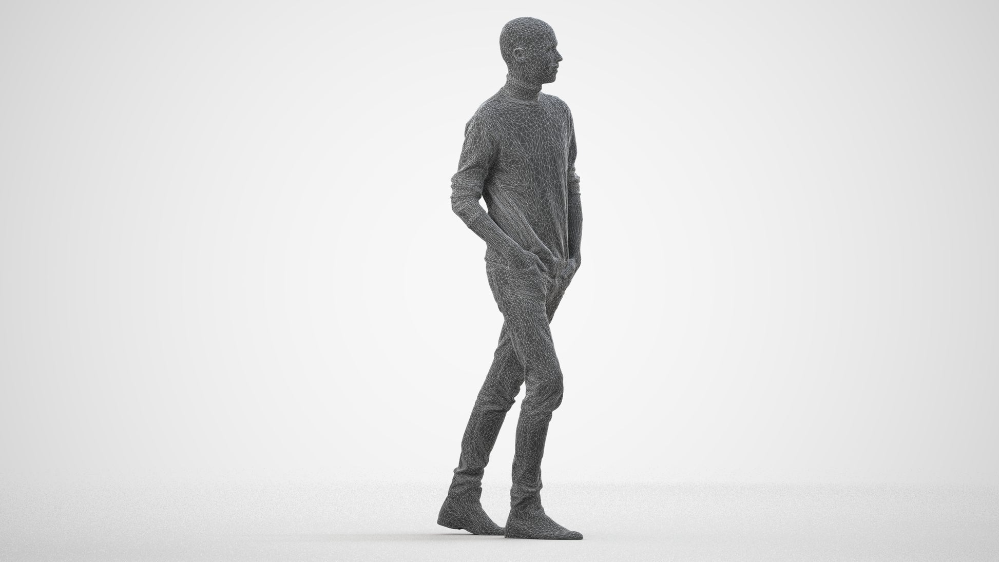 photogrammetry 3D man casual walking, realistic human model archviz FBX, wireframe side view
