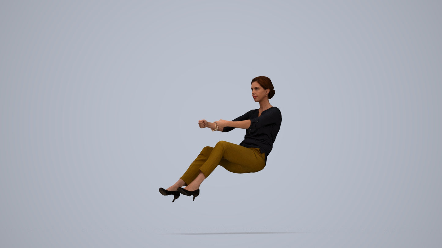 3D human model woman casual driving, photogrammetry scanned person for archviz, top-down view render