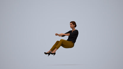 3D human model woman casual driving, photogrammetry scanned person for archviz, top-down view render