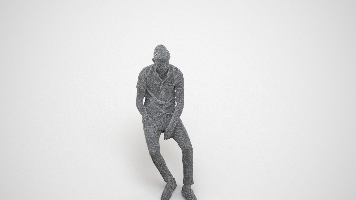3D scanned man sitting casual, photorealistic archviz people for Enscape and SketchUp, wireframe three-quarter view