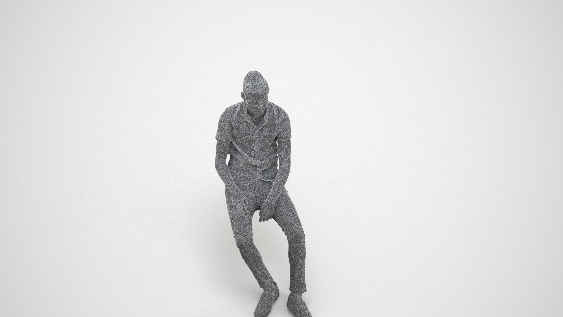 3D scanned man sitting casual, photorealistic archviz people for Enscape and SketchUp, wireframe three-quarter view