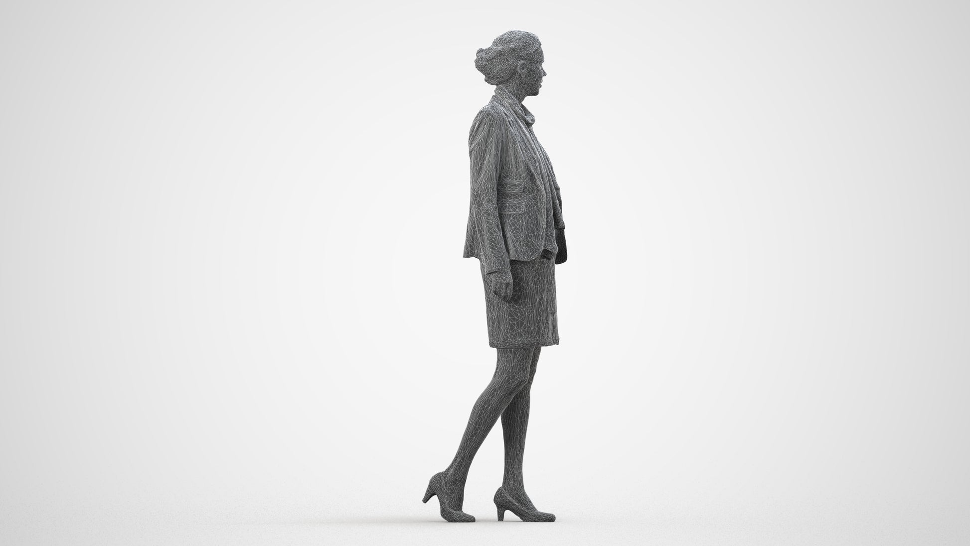realistic 3D human woman business walking, archviz people FBX OBJ for Blender, wireframe side view