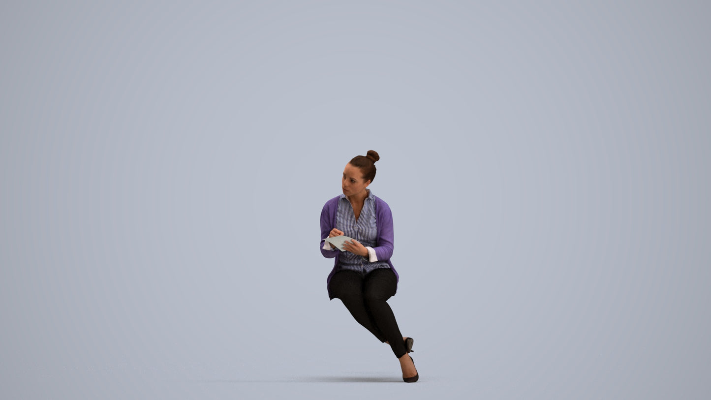 realistic 3D woman business sitting, scanned archviz people for Blender and 3ds Max, standing pose render