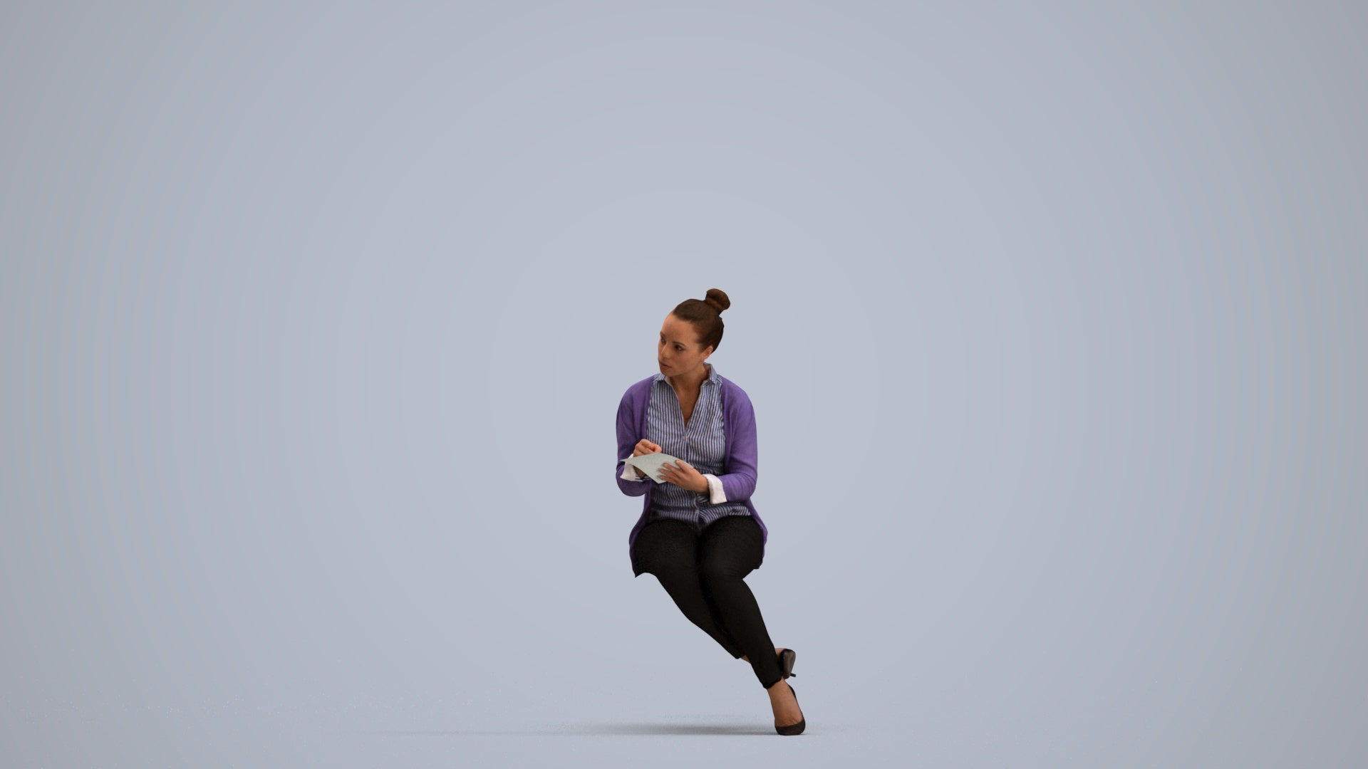 realistic 3D woman business sitting, scanned archviz people for Blender and 3ds Max, standing pose render