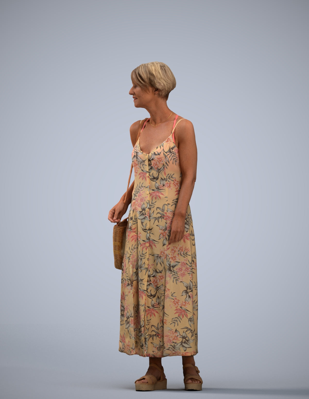 3D human model senior woman standing, photogrammetry scanned person for archviz