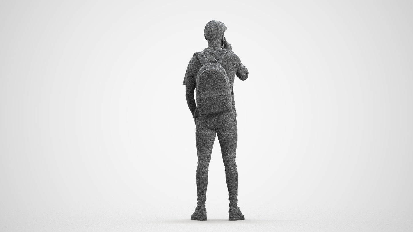 3D scanned man standing casual, photorealistic archviz people for Enscape and SketchUp, wireframe front view