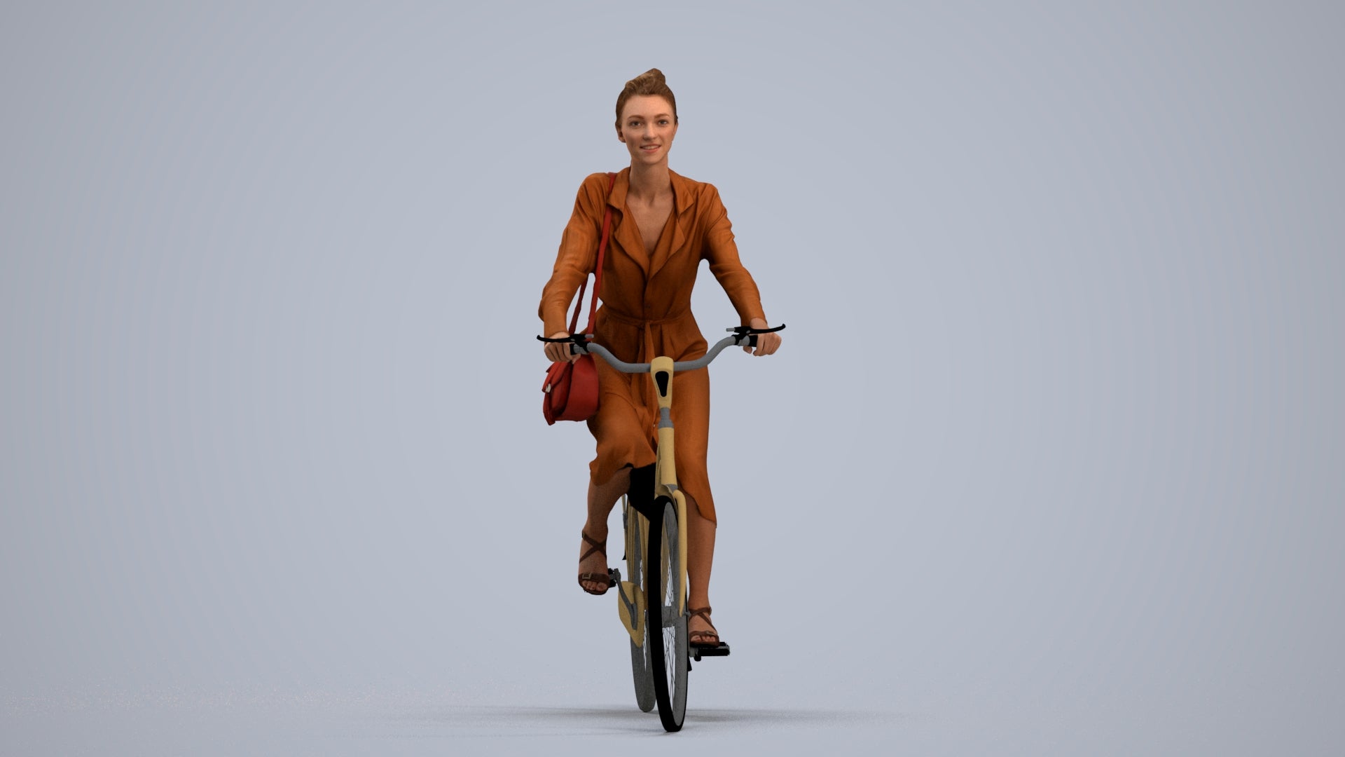 realistic 3D woman casual cycling, scanned archviz people for Blender and 3ds Max, standing pose render