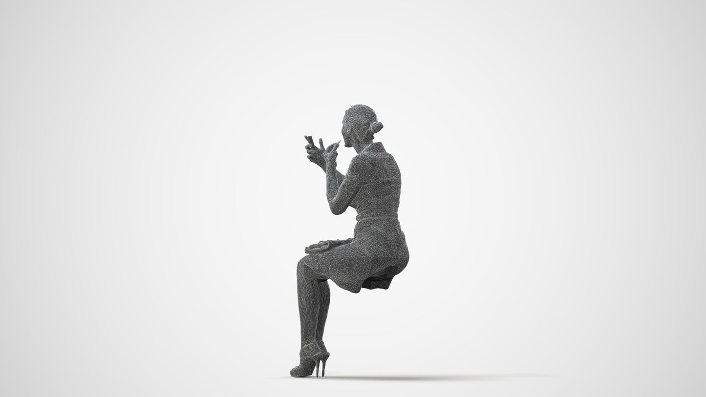 3D human model woman casual sitting, photogrammetry scanned person for archviz, square thumbnail
