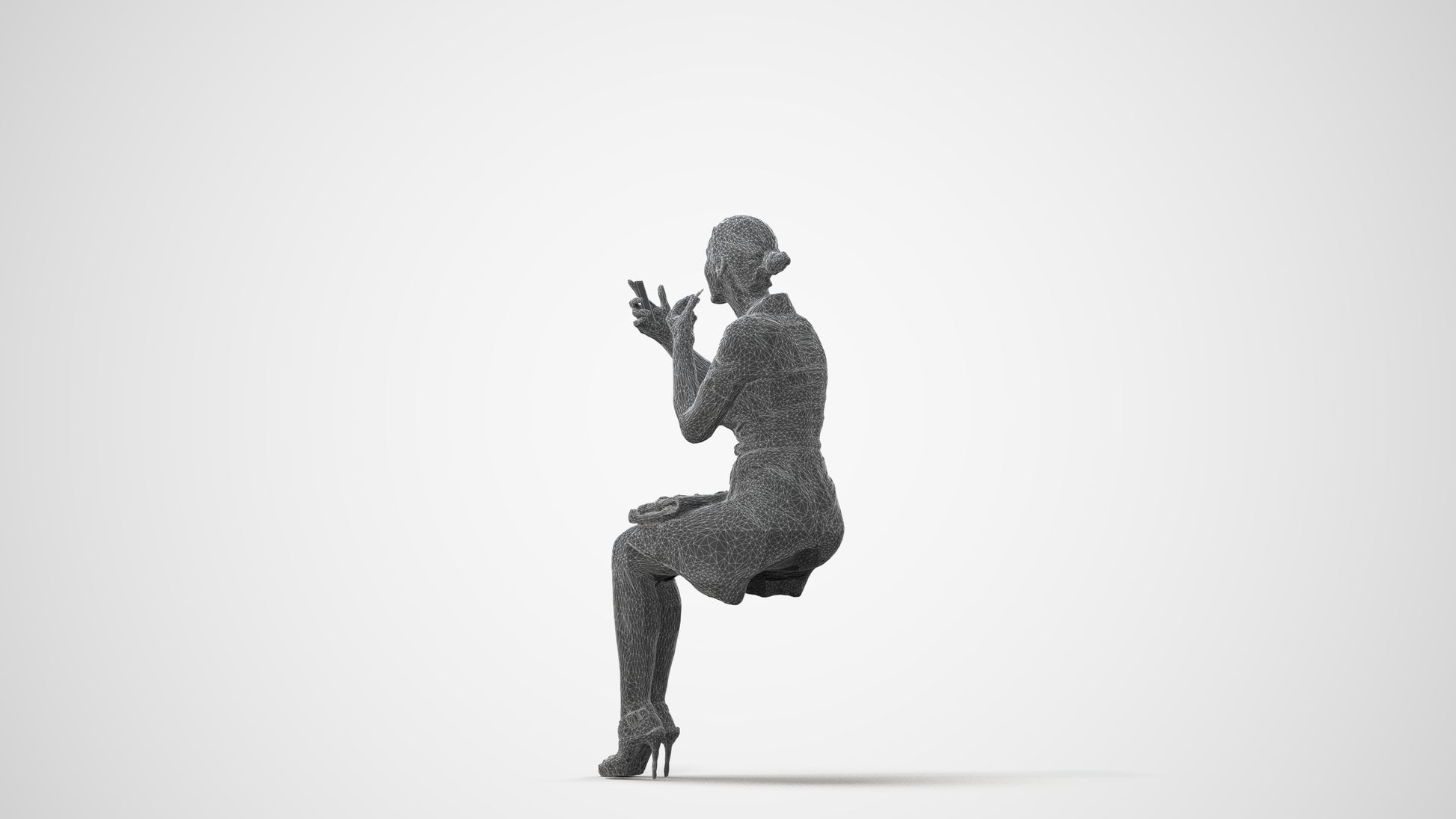 3D human model woman casual sitting, photogrammetry scanned person for archviz, square thumbnail