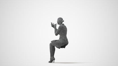 3D human model woman casual sitting, photogrammetry scanned person for archviz, square thumbnail