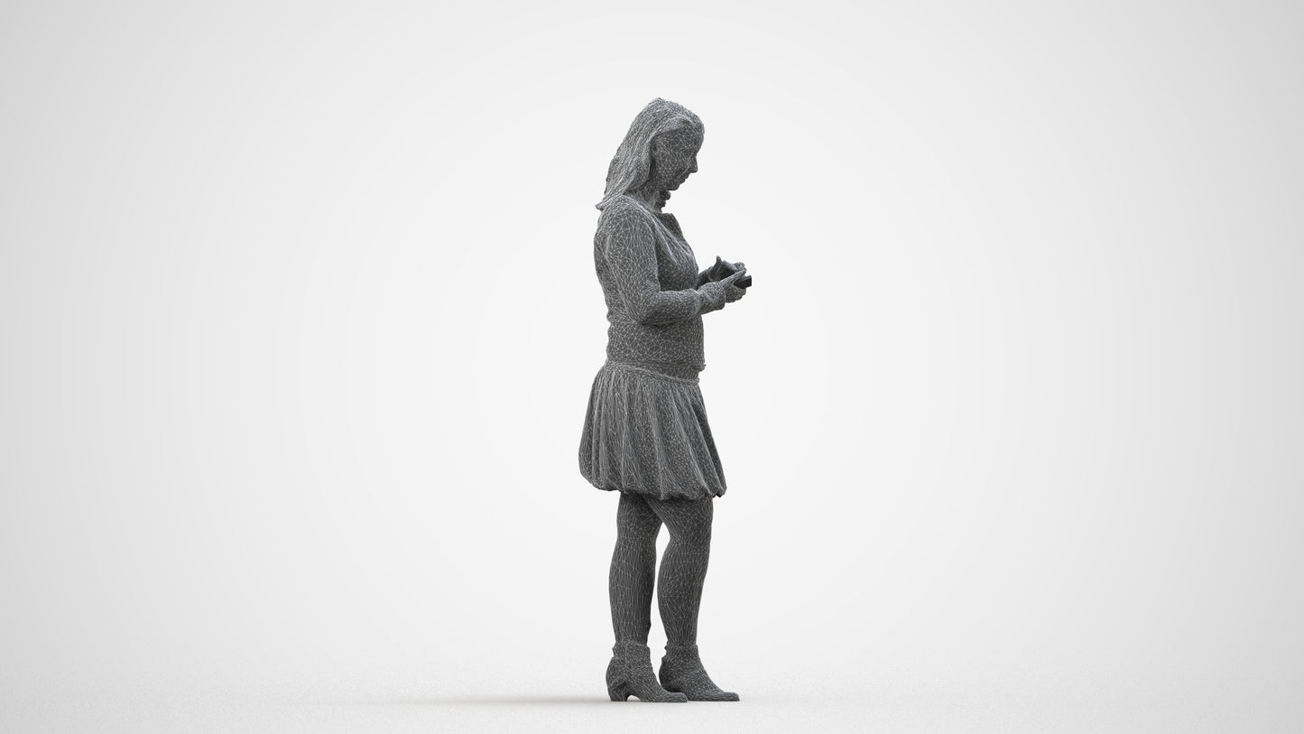 3D scanned woman standing casual, photorealistic archviz people for Enscape and SketchUp, wireframe side view