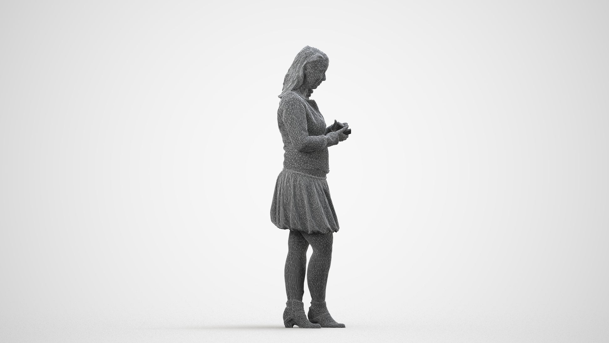3D scanned woman standing casual, photorealistic archviz people for Enscape and SketchUp, wireframe side view