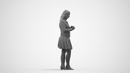 3D scanned woman standing casual, photorealistic archviz people for Enscape and SketchUp, wireframe side view
