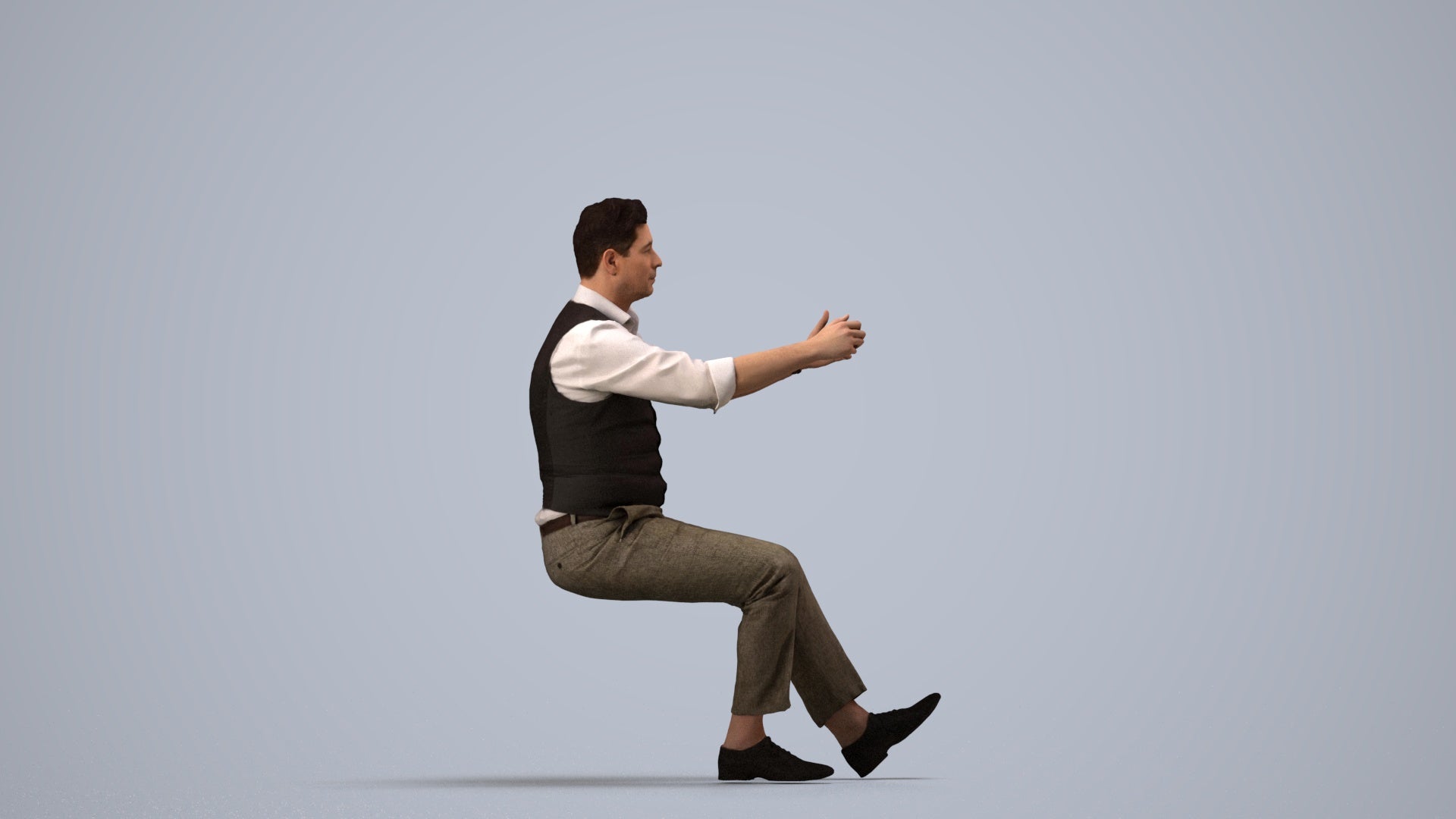 3D human model man casual driving, photogrammetry scanned person for archviz, side view render