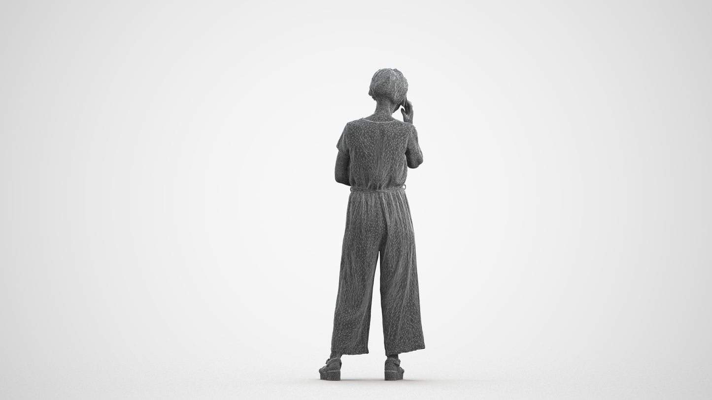 realistic 3D senior woman casual standing, scanned archviz people for Blender and 3ds Max, wireframe front view