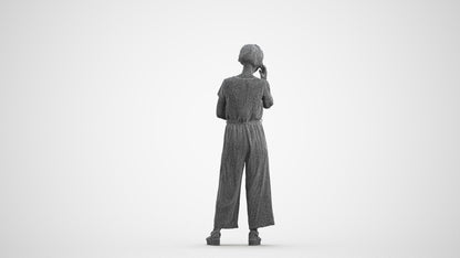 realistic 3D senior woman casual standing, scanned archviz people for Blender and 3ds Max, wireframe front view