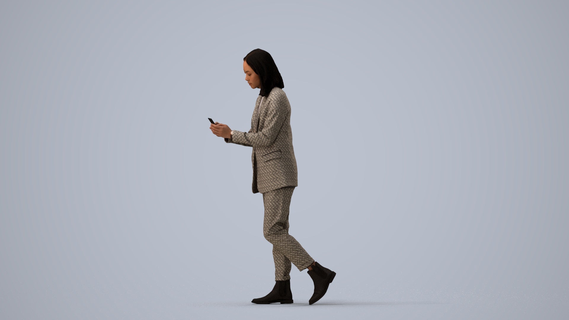 photogrammetry 3D woman business standing, realistic human model archviz FBX, three-quarter view render