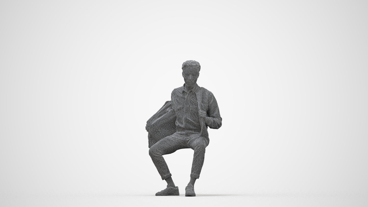 realistic 3D man casual sitting, scanned archviz people for Blender and 3ds Max, wireframe back view