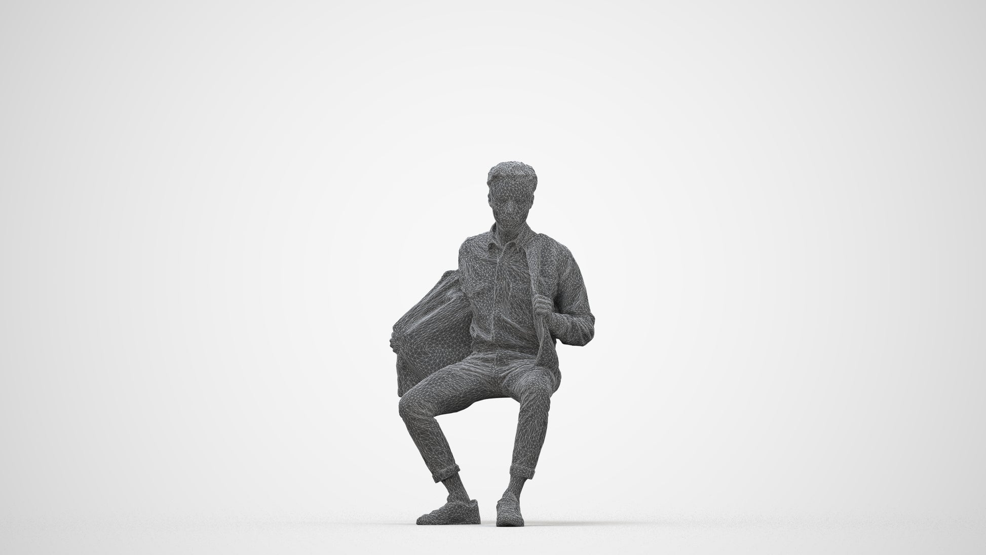 realistic 3D man casual sitting, scanned archviz people for Blender and 3ds Max, wireframe back view