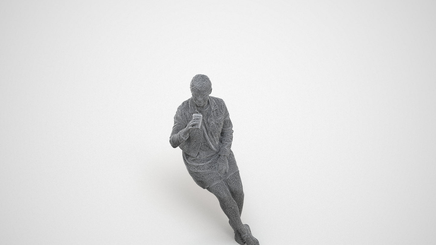 scanned 3D woman casual sitting, photogrammetry people for Enscape and V-Ray, wireframe three-quarter view