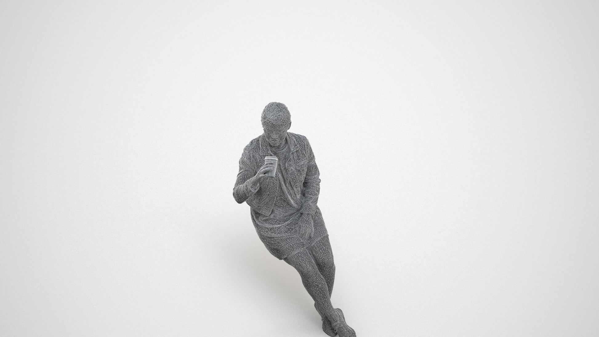 scanned 3D woman casual sitting, photogrammetry people for Enscape and V-Ray, wireframe three-quarter view