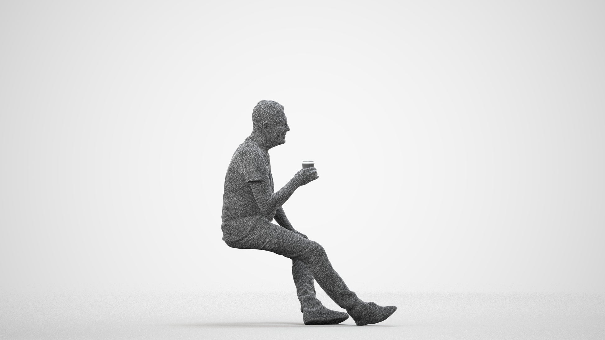 scanned 3D senior man casual sitting, photogrammetry people for Enscape and V-Ray, wireframe side view