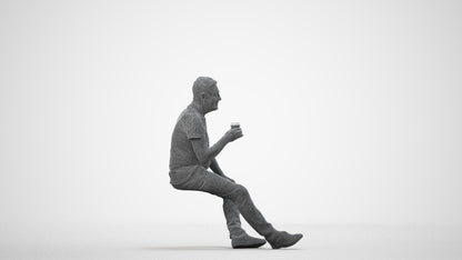 scanned 3D senior man casual sitting, photogrammetry people for Enscape and V-Ray, wireframe side view