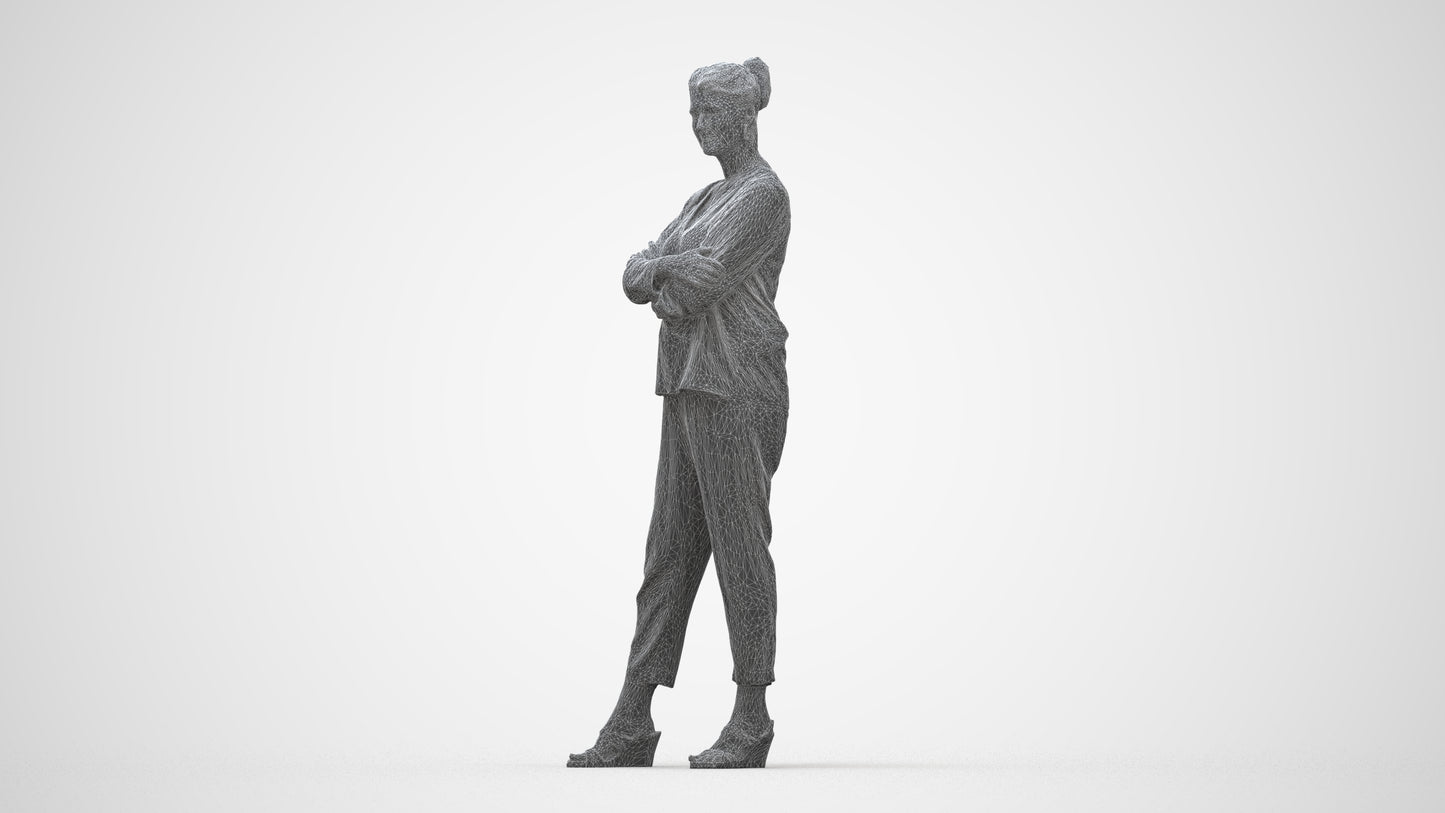 realistic 3D woman casual standing, scanned archviz people for Blender and 3ds Max, wireframe back view