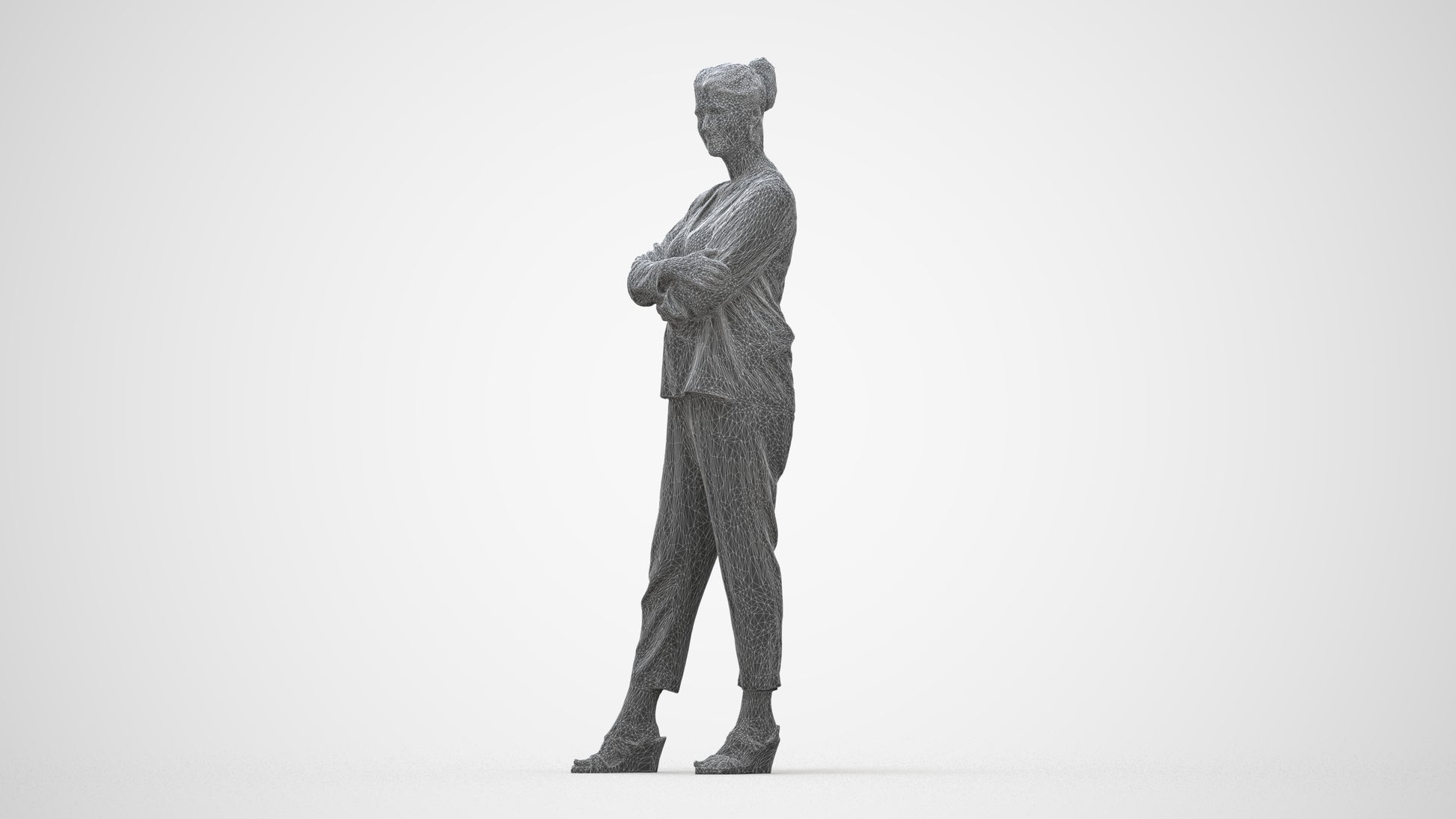 realistic 3D woman casual standing, scanned archviz people for Blender and 3ds Max, wireframe back view