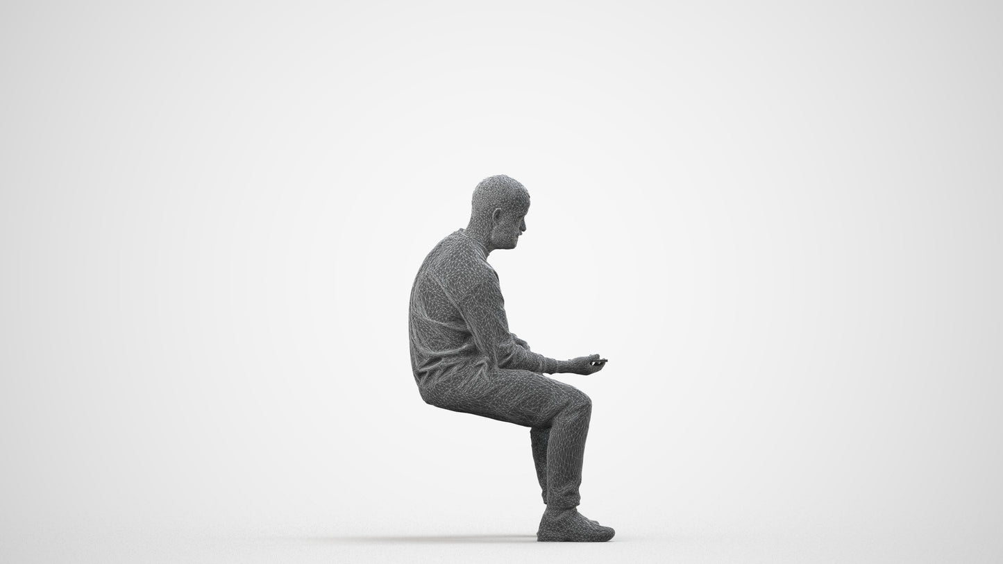 3D people model man casual sitting, scanned human for 3ds Max rendering, wireframe side view