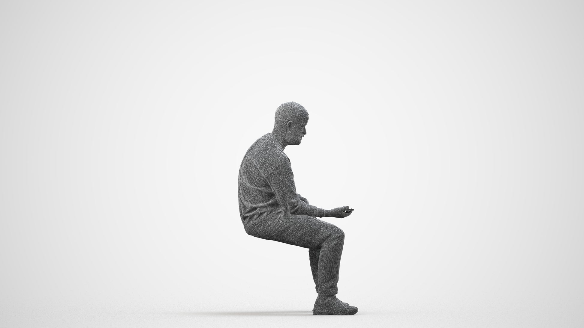 3D people model man casual sitting, scanned human for 3ds Max rendering, wireframe side view