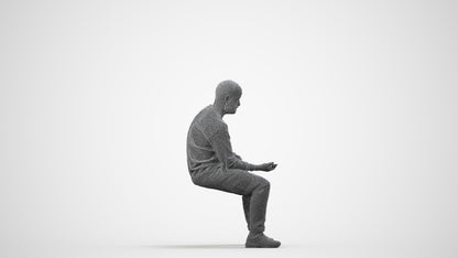 3D people model man casual sitting, scanned human for 3ds Max rendering, wireframe side view