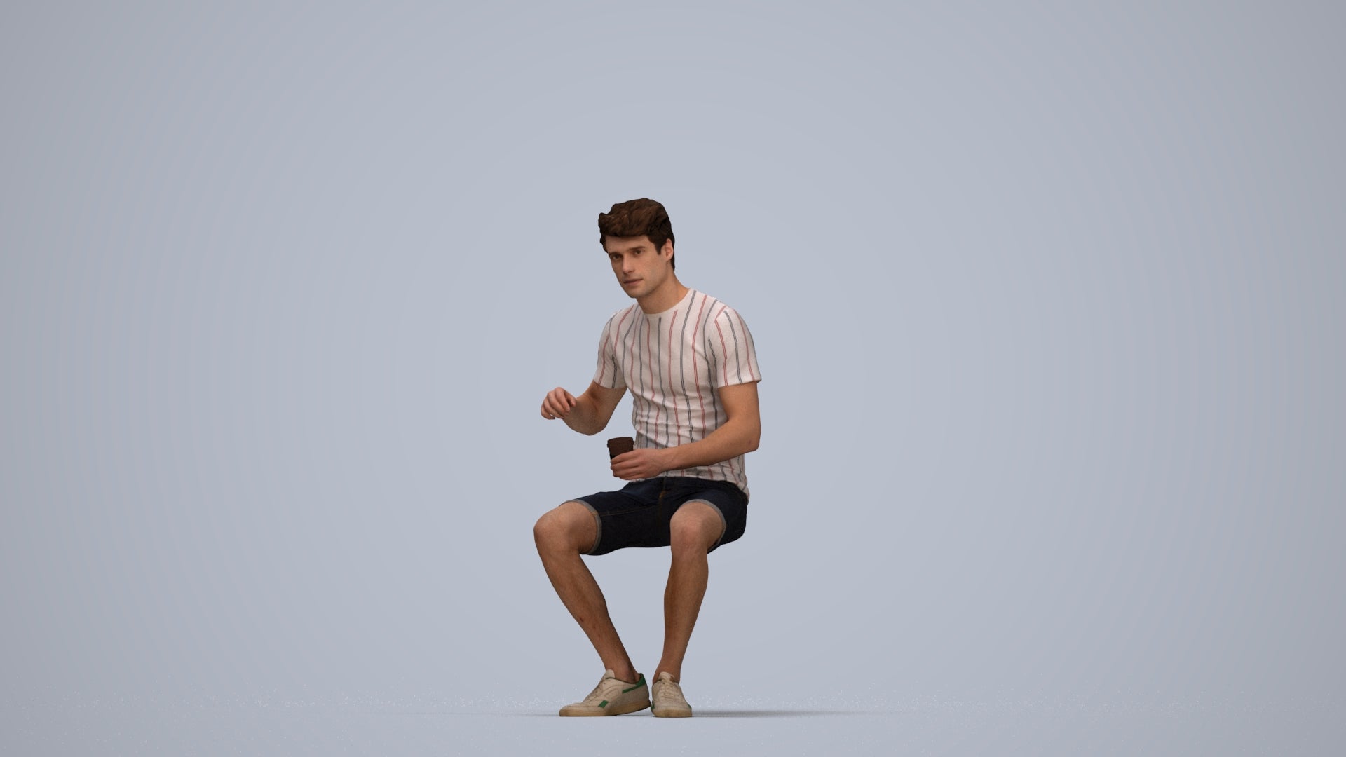 photogrammetry 3D man casual sitting, realistic human model archviz FBX, top-down view render