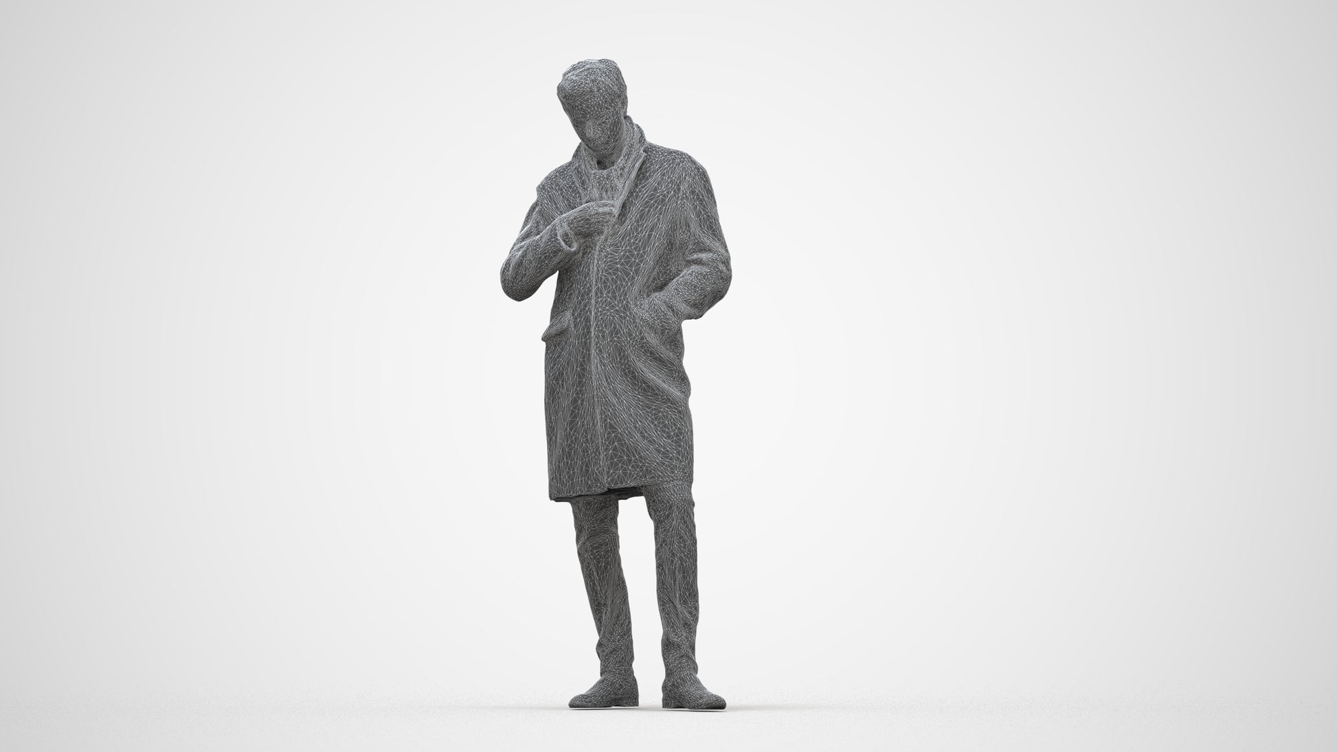 3D human model man standing, photogrammetry scanned person for archviz, wireframe back view