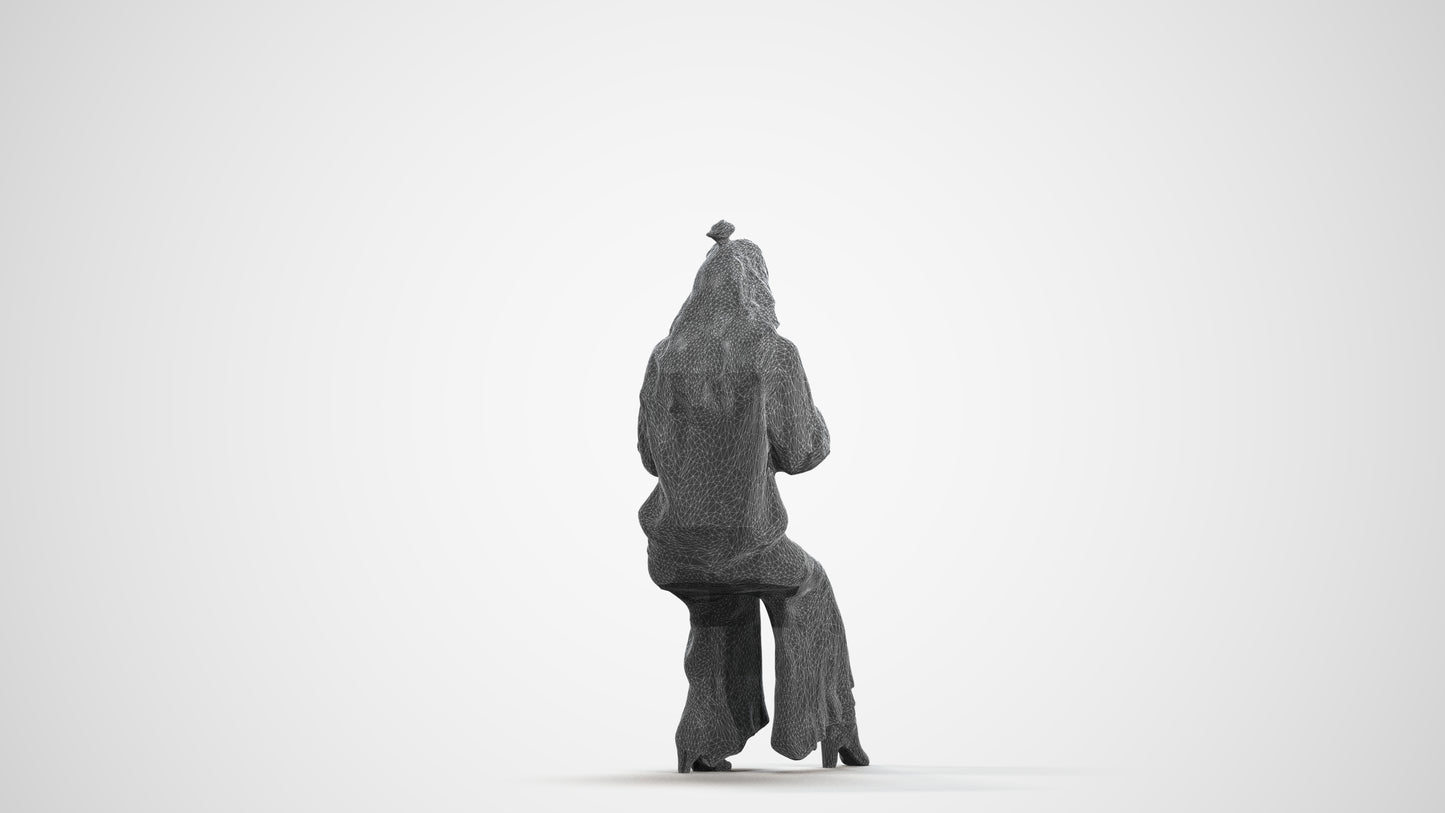 3D human model woman casual sitting, photogrammetry scanned person for archviz, wireframe front view