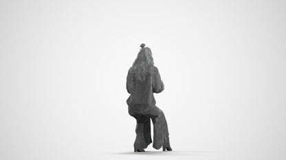 3D human model woman casual sitting, photogrammetry scanned person for archviz, wireframe front view