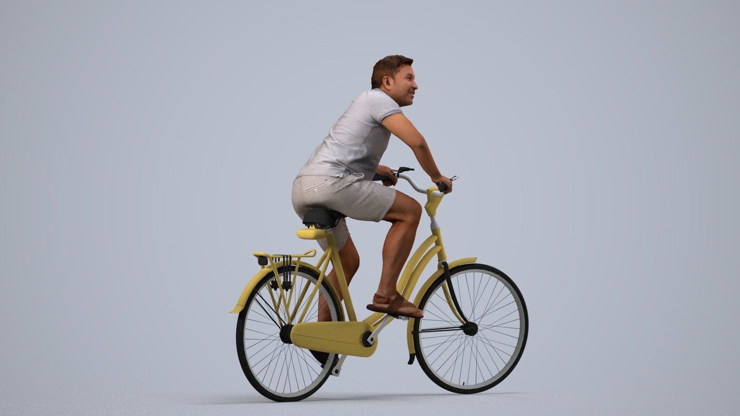 photogrammetry 3D man casual cycling, realistic human model archviz FBX, side view render