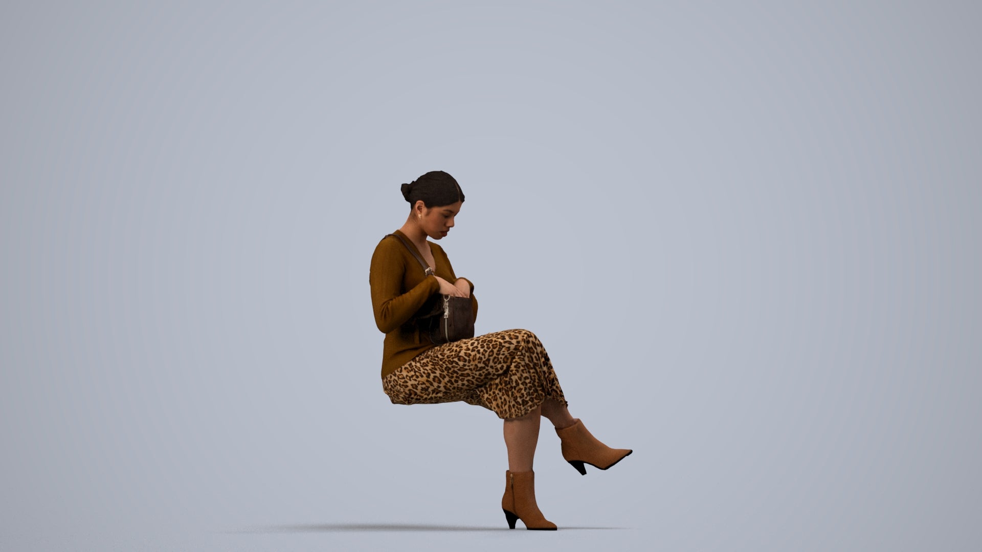 3D scanned woman sitting casual, photorealistic archviz people for Enscape and SketchUp, side view render