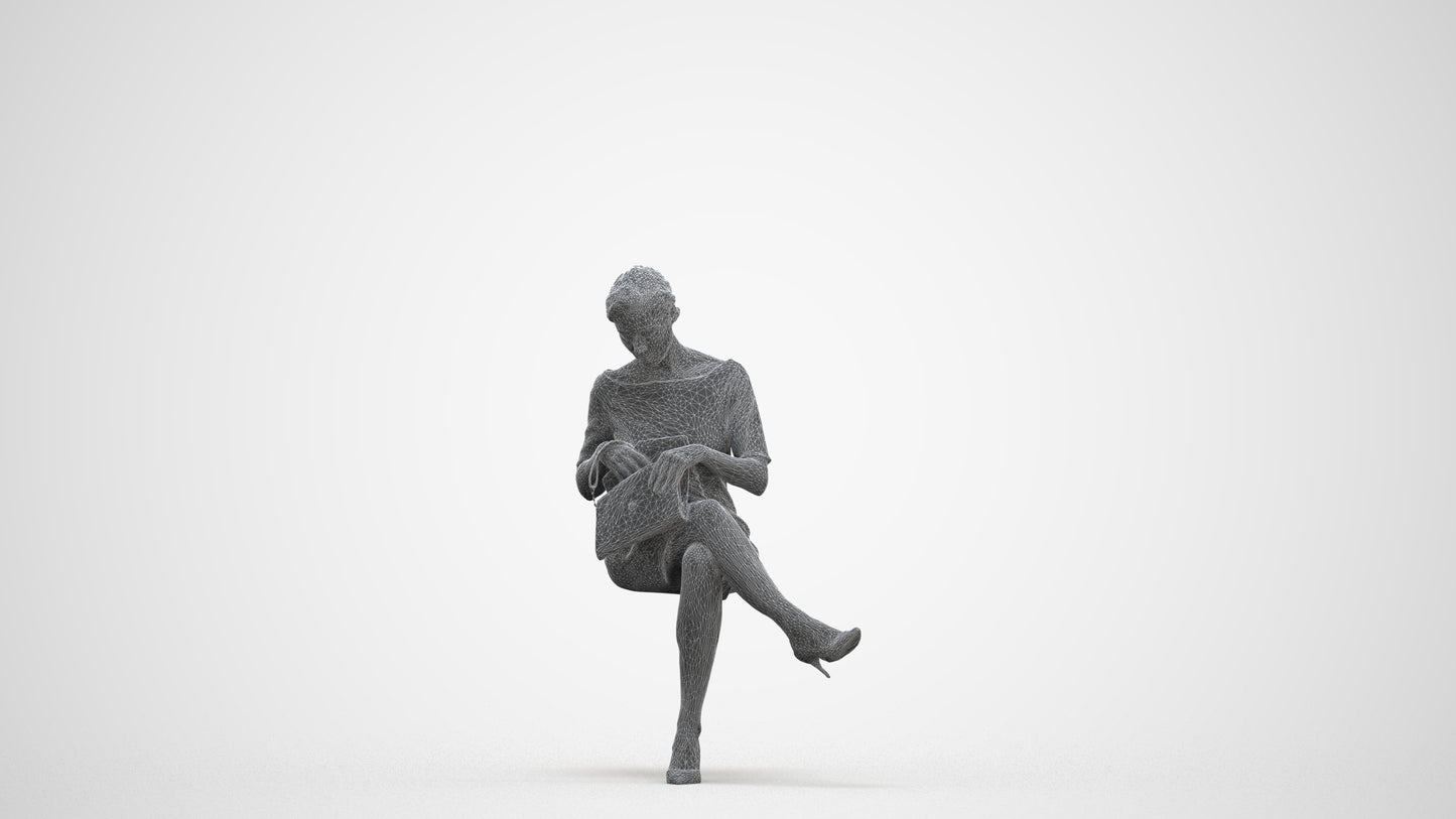 scanned 3D woman casual sitting, photogrammetry people for Enscape and V-Ray, three-quarter front view render