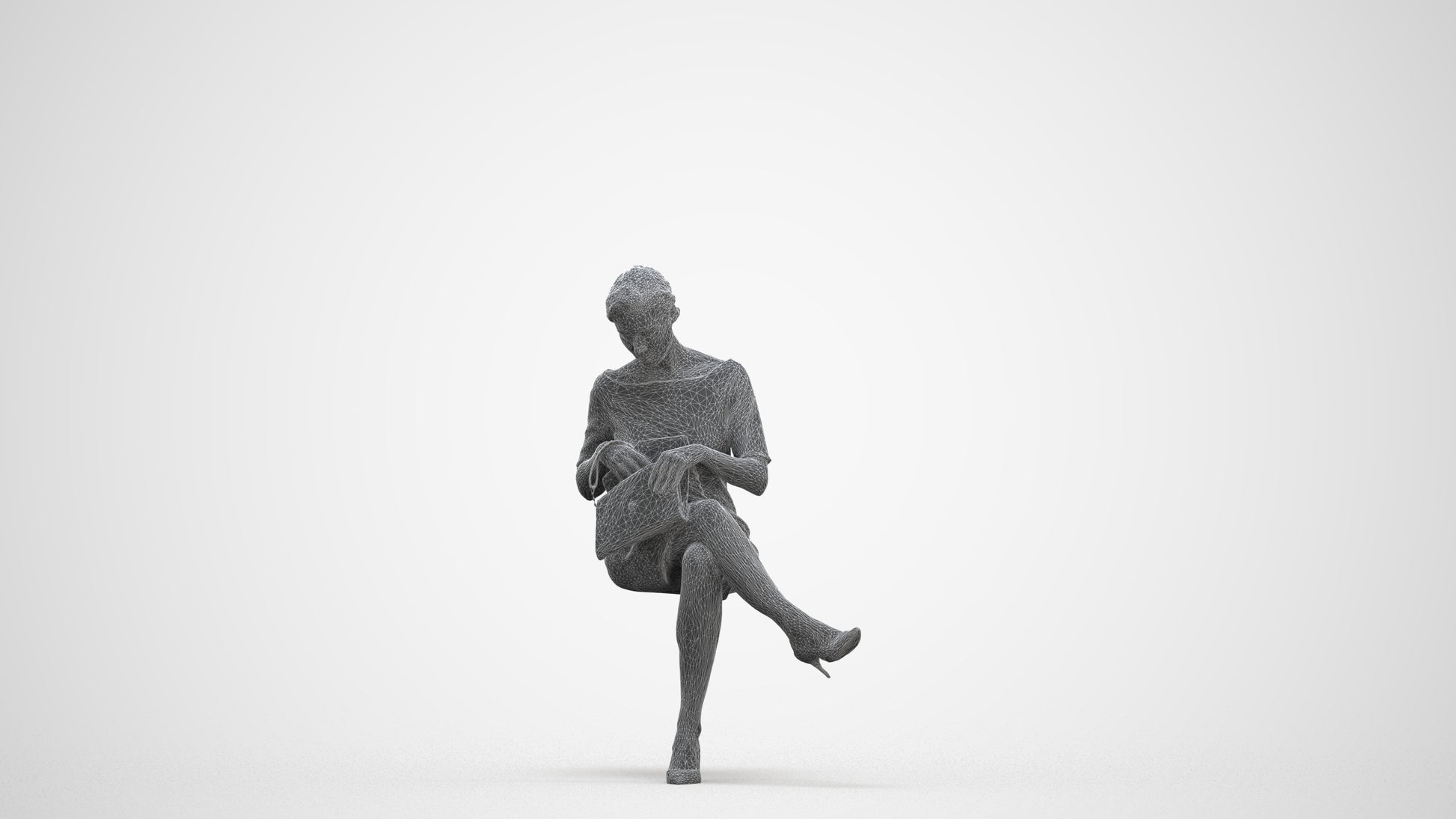 scanned 3D woman casual sitting, photogrammetry people for Enscape and V-Ray, three-quarter front view render