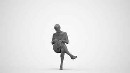 scanned 3D woman casual sitting, photogrammetry people for Enscape and V-Ray, three-quarter front view render