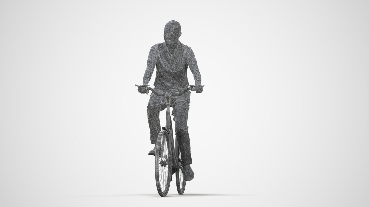 photogrammetry 3D senior man casual cycling, realistic human model archviz FBX, wireframe back view