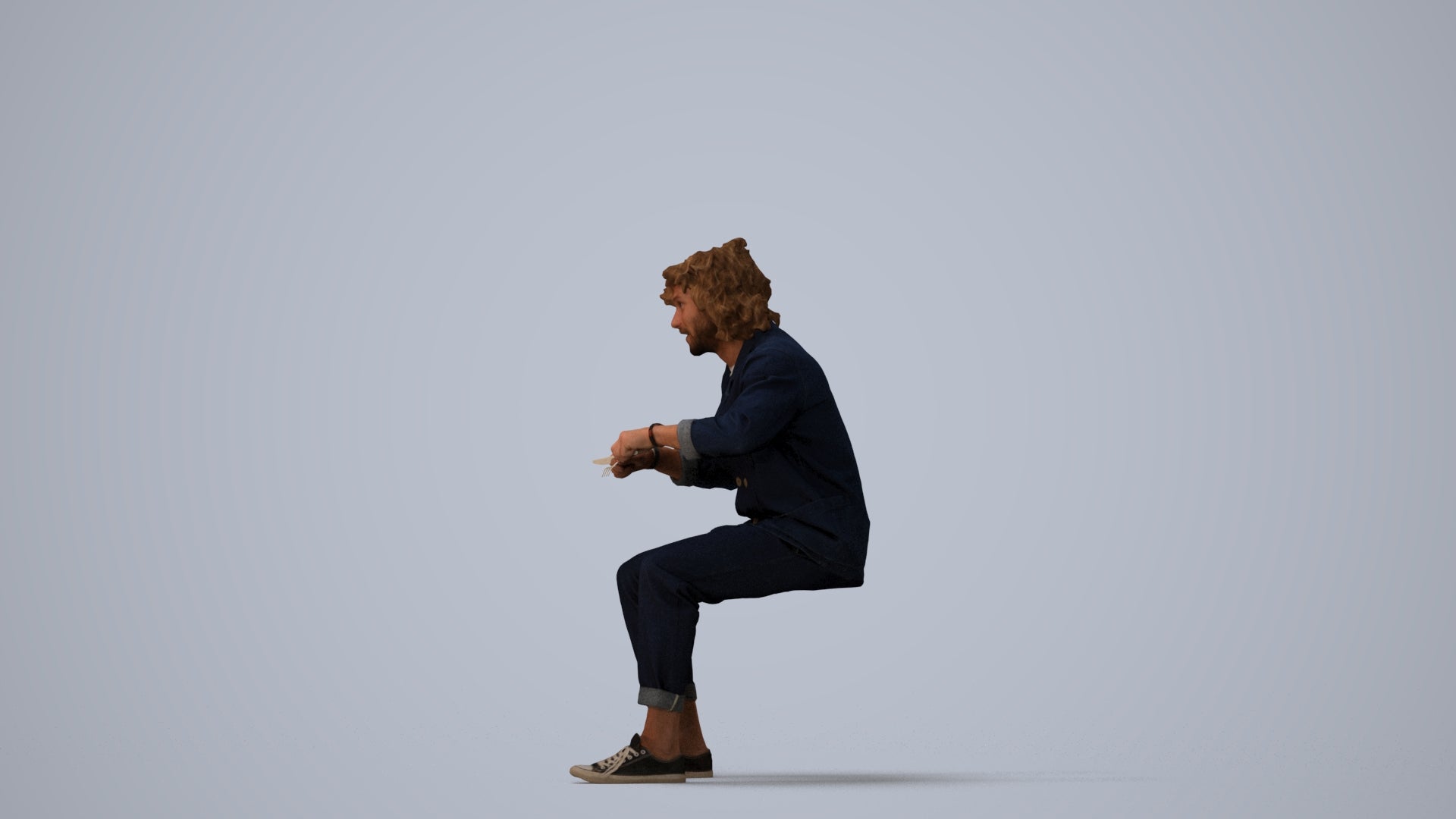 realistic 3D man casual sitting, scanned archviz people for Blender and 3ds Max, three-quarter view render