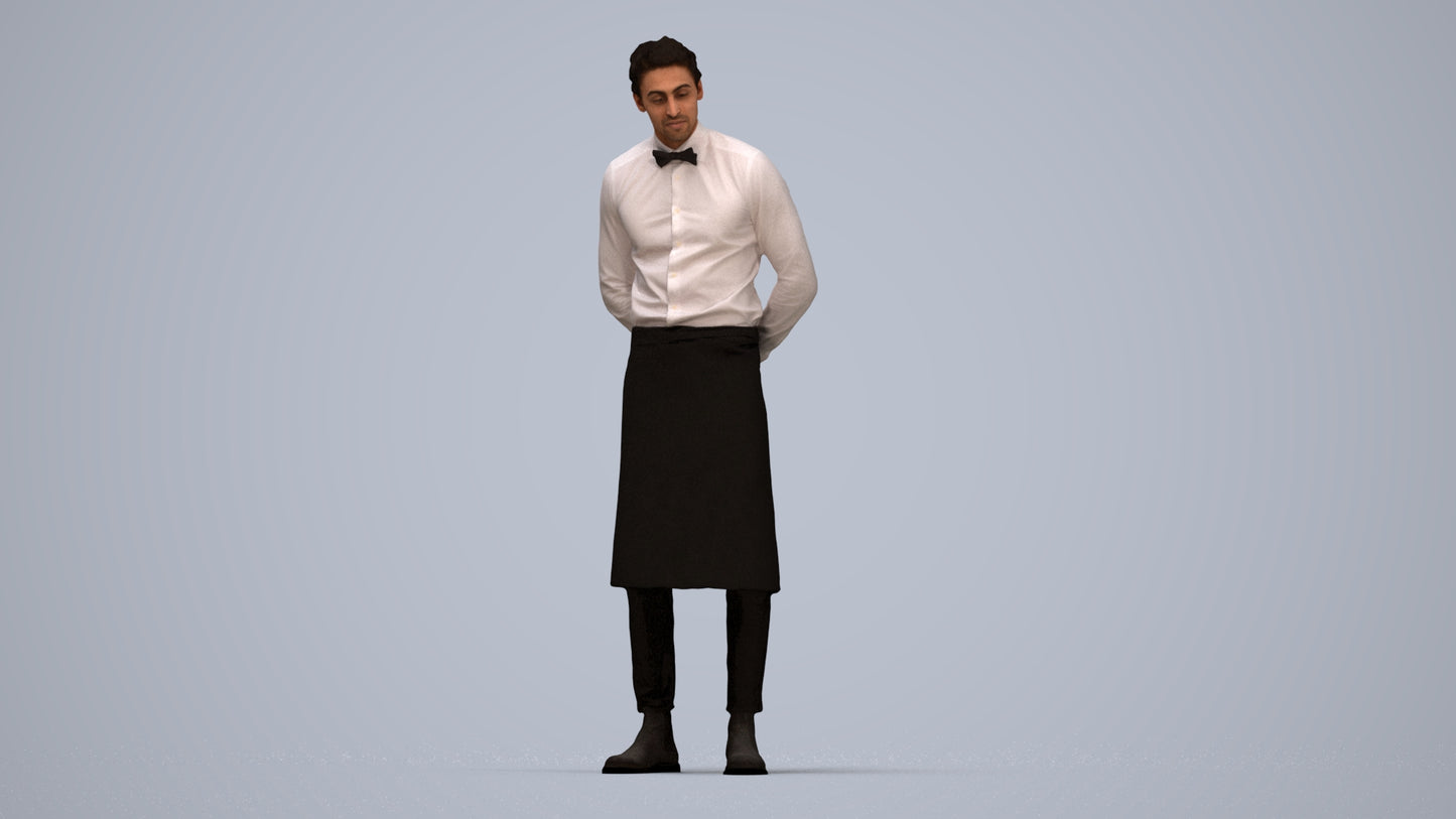 3D human model man hospitality, photogrammetry scanned person for archviz, top-down view render