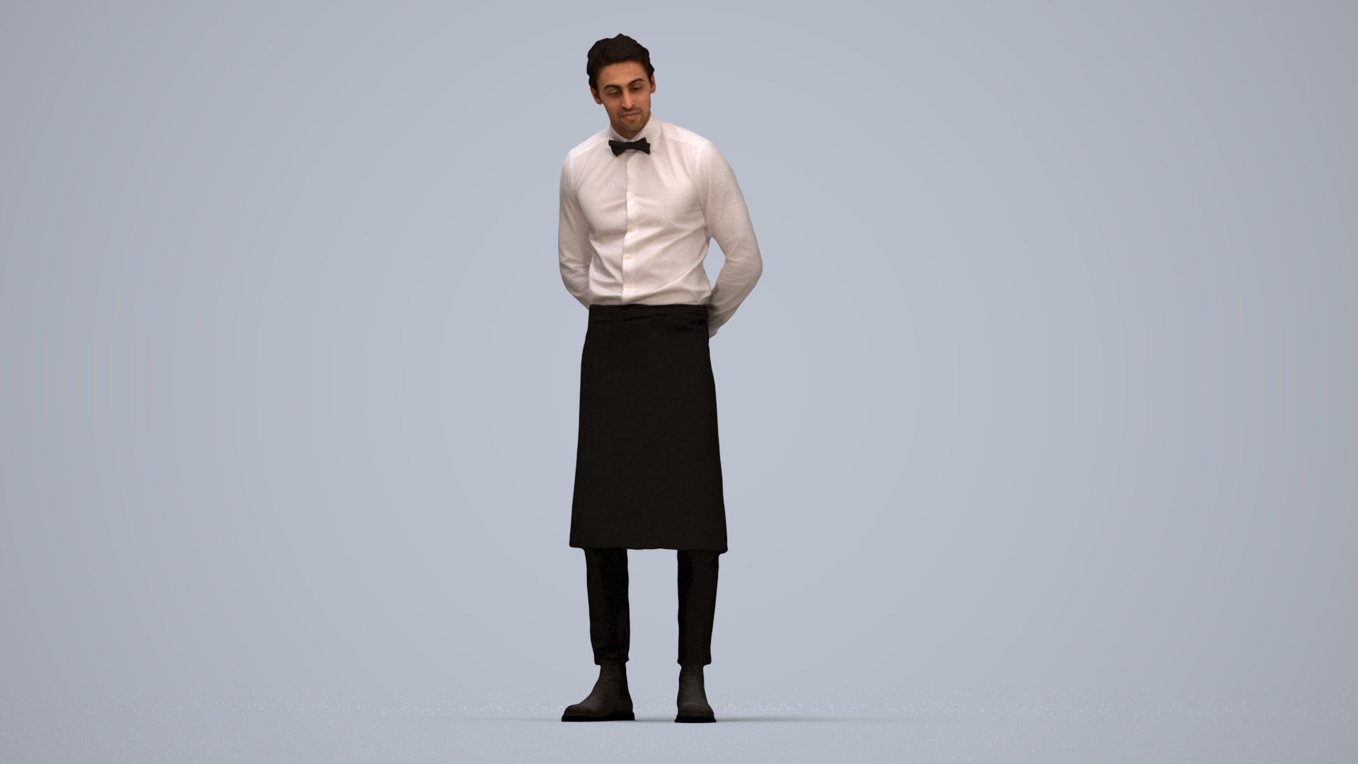 3D human model man hospitality, photogrammetry scanned person for archviz, top-down view render