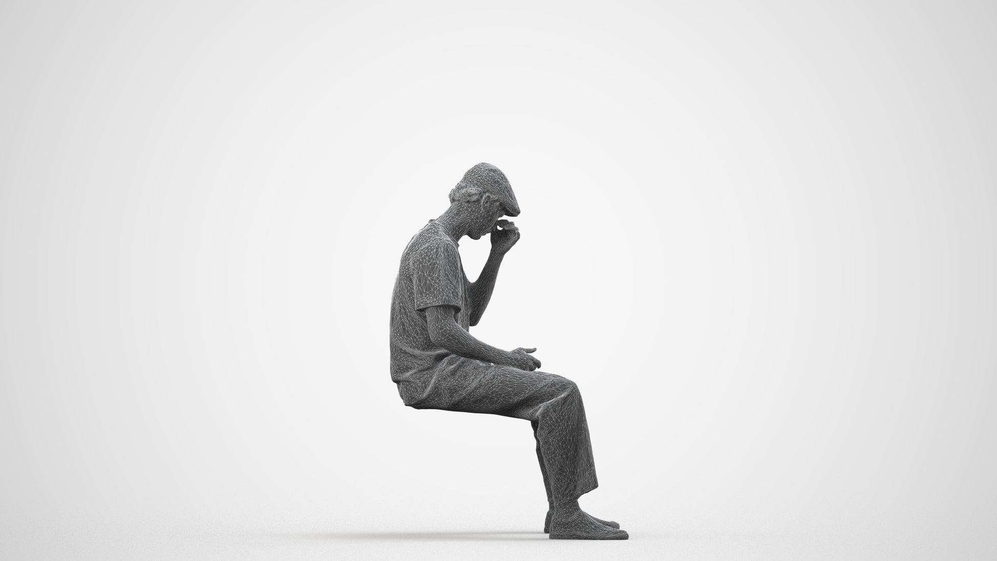 3D people model man casual sitting, scanned human for 3ds Max rendering, wireframe side view