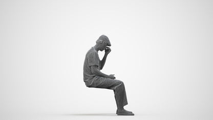 3D people model man casual sitting, scanned human for 3ds Max rendering, wireframe side view