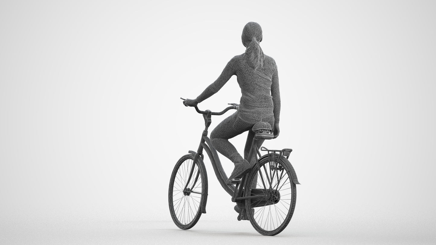 realistic 3D human woman casual cycling, archviz people FBX OBJ for Blender, wireframe front view