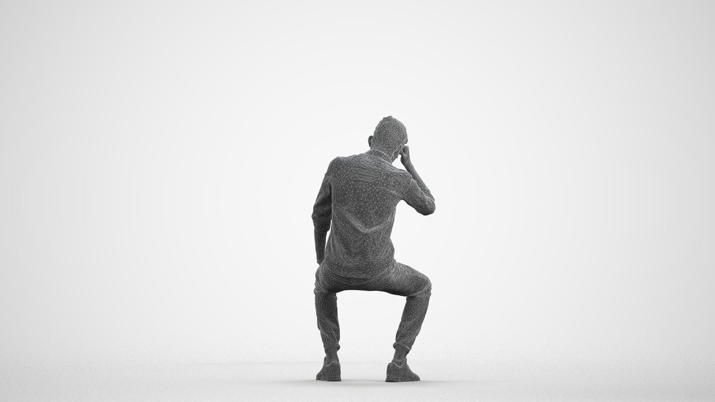 3D people model man casual sitting, scanned human for 3ds Max rendering, wireframe front view