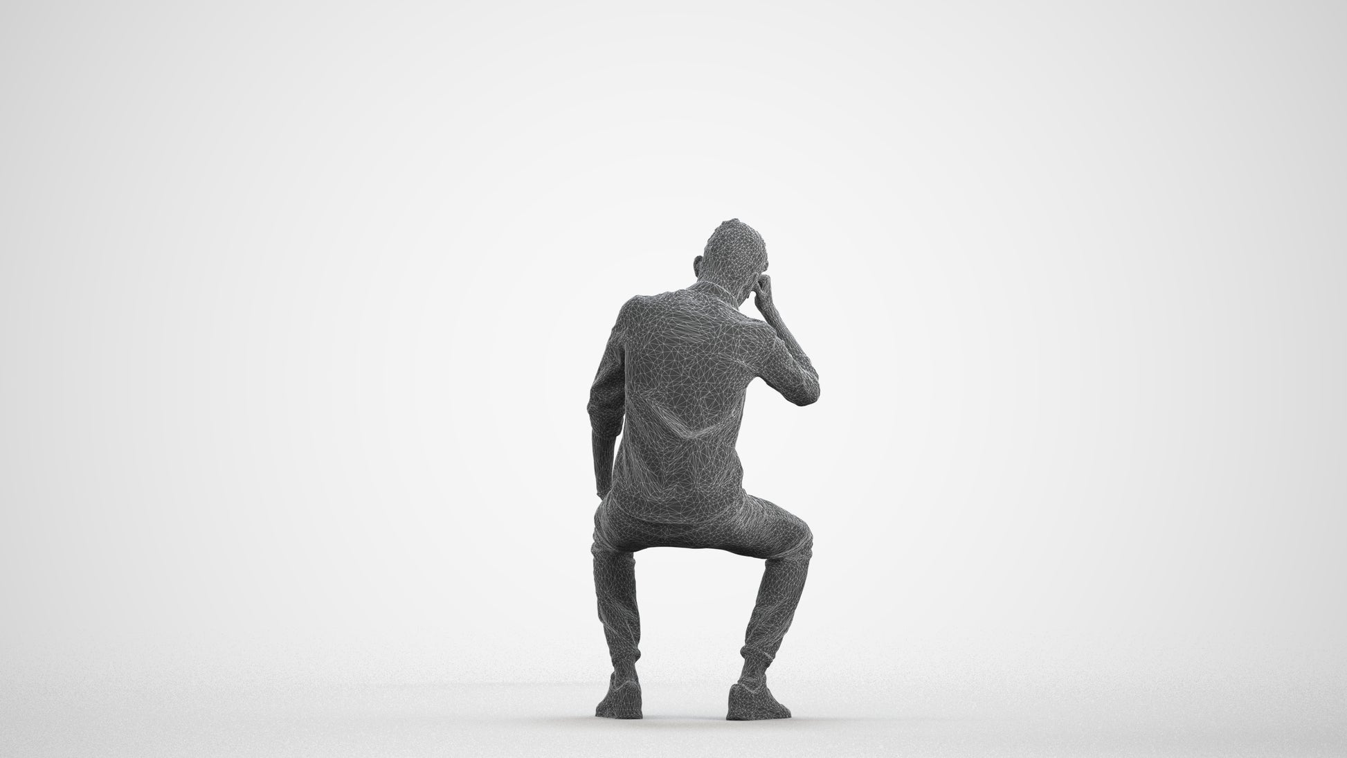 3D people model man casual sitting, scanned human for 3ds Max rendering, wireframe front view